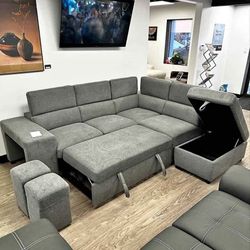 97"W Dark Gray Sleeper Sectional Sofa with Storage Ottoman and 2 Stools