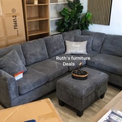 3-pc Sectional Sofa With Storage Ottoman Dark Gray Corduroy 