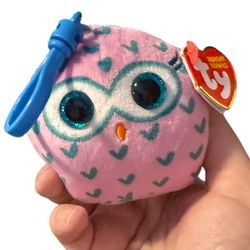 Ty Beanie Babies “Winks” the Owl Squish-A-Boo Keychain Plush – Pink Teal Hearts