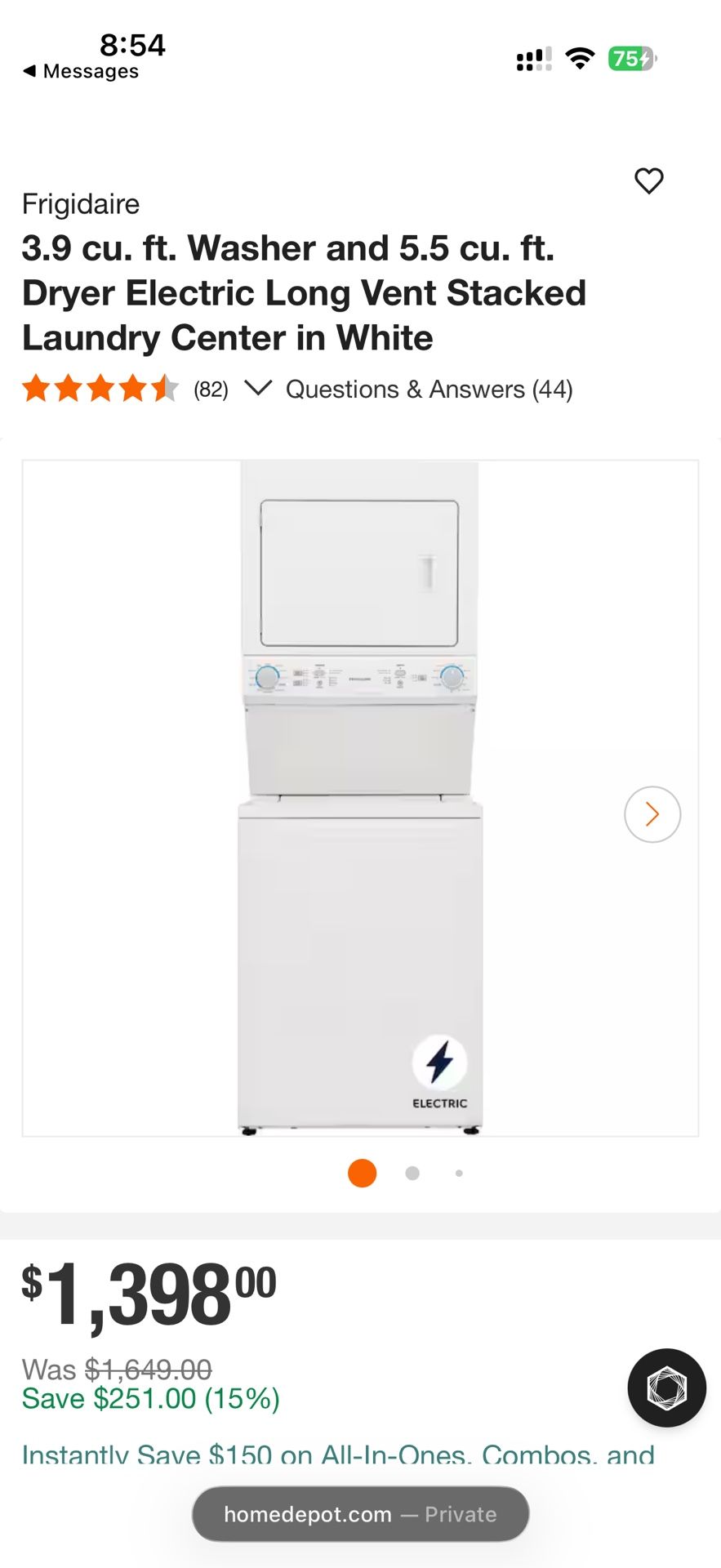 Frigidaire 3.9 cu. ft. Washer and 5.5 cu. ft. Dryer Electric Long Vent Stacked Laundry Center In White 