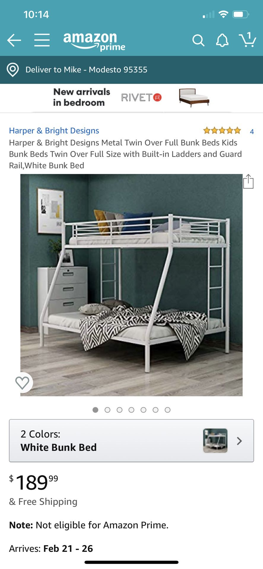 Twin over full bunk bed- white without mattresses