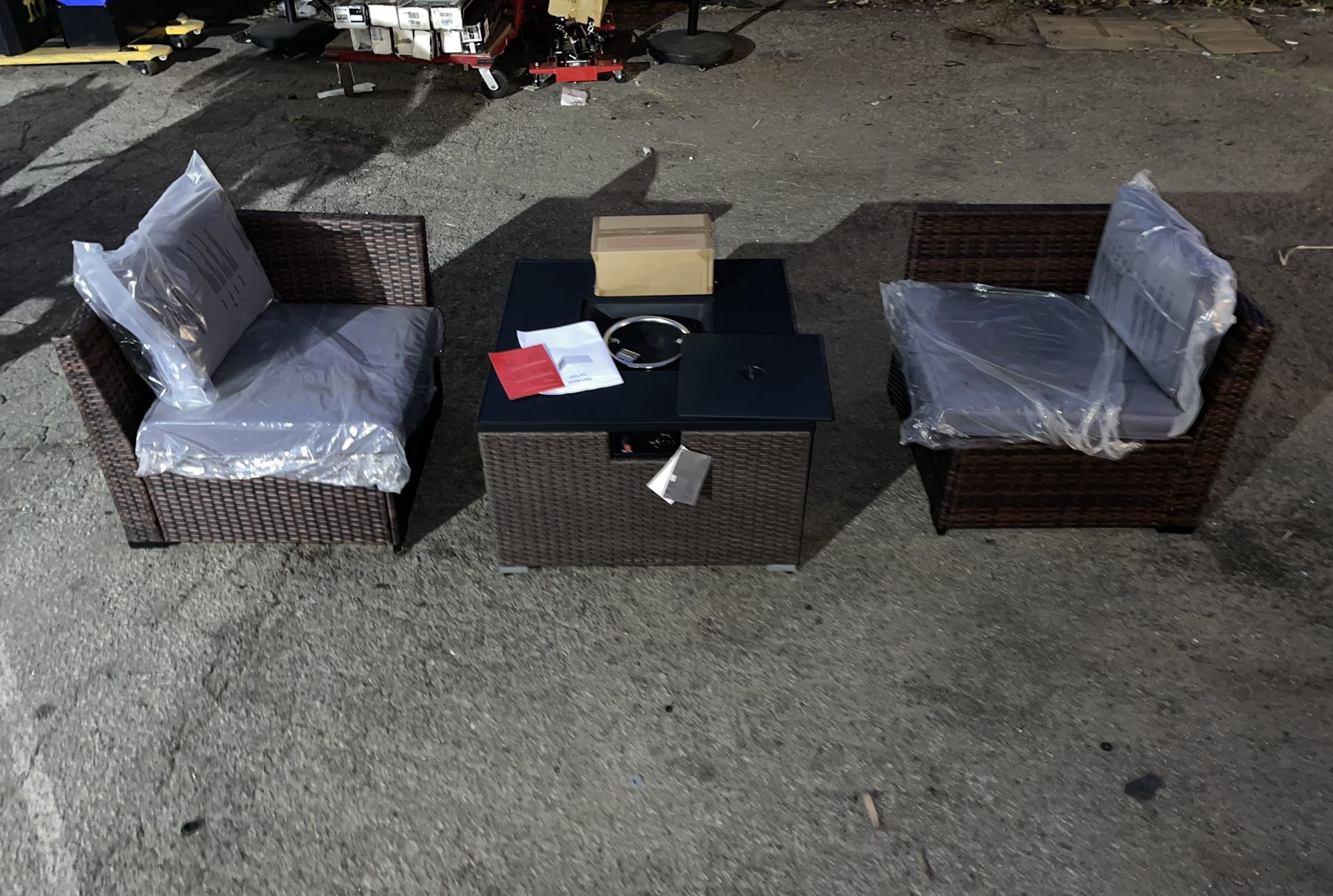 NEW 3 Pc Outdoor Furniture Bundle Fire Pit Table + 2pc Chairs Brown Complete Build Chimenea Sillas Mesa Fuego 