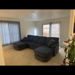 Large Blue Sectional With 2 Recliners & Storage