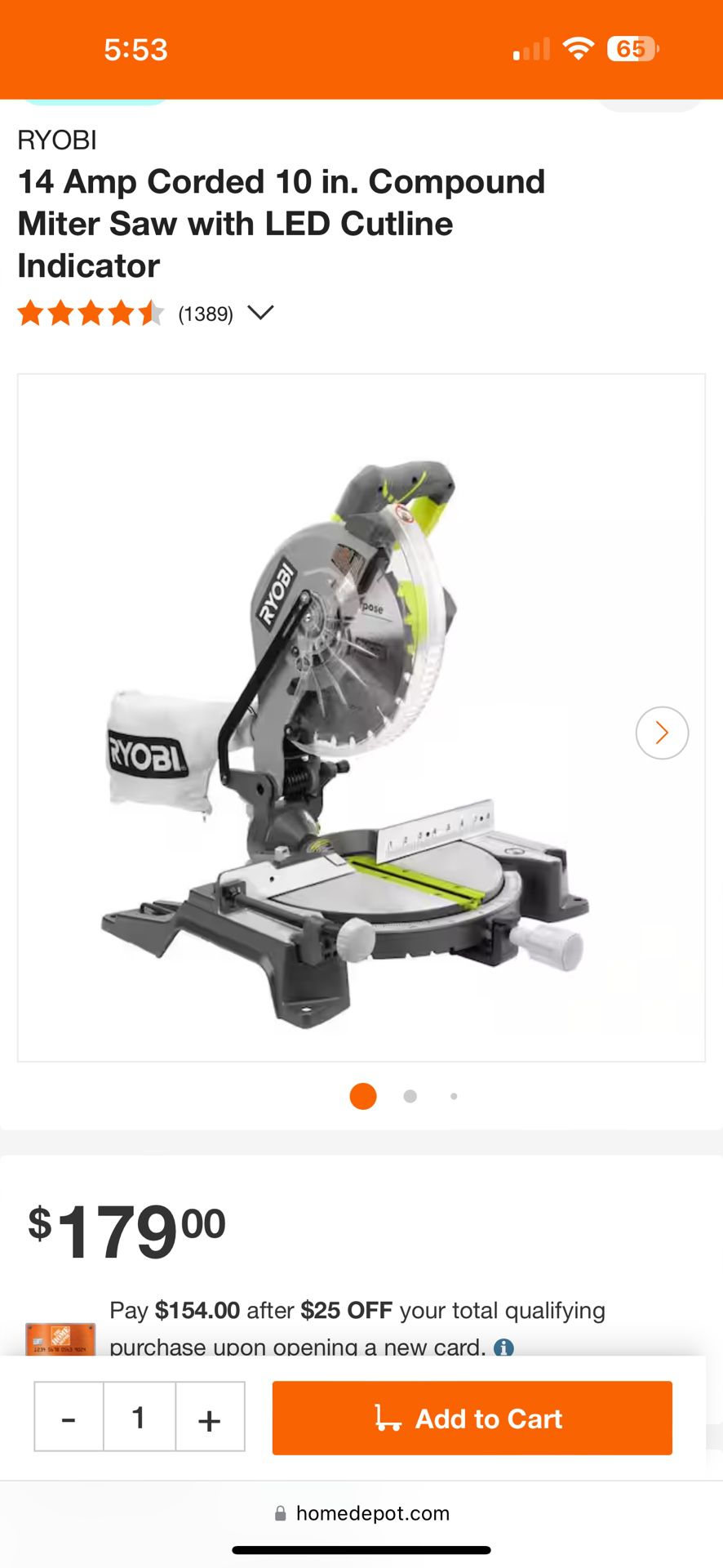 Ryobi 14 Amp Corded 10 in. Compound Miter Saw with LED Cutline used twice Excellent condition