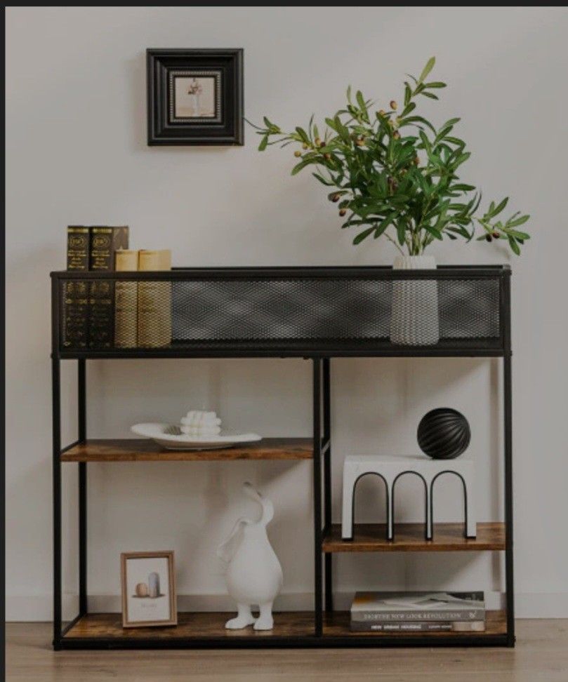 4-Tier Industrial Console Table with Wire Basket and shelf-Rustic Brown

