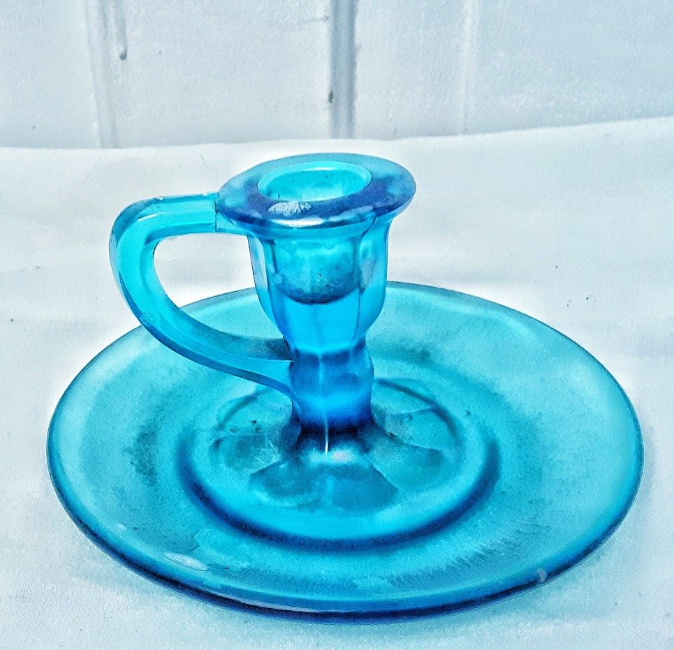 ANTIQUE Northwood #675 stretch glass blue candlestick AS IS