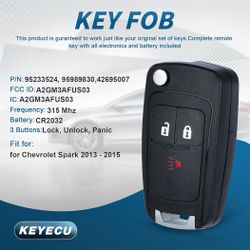 Keyecu Replacement Remote Key Fob for Chevrolet Spark 2013 2014 2015 FCC ID:A2GM3AFUS03 P/N (contact info removed)0 (contact info removed)4
