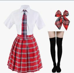 New Japanese Tartan Pleated School Uniform Cosplay Costumes with Socks Set, XL