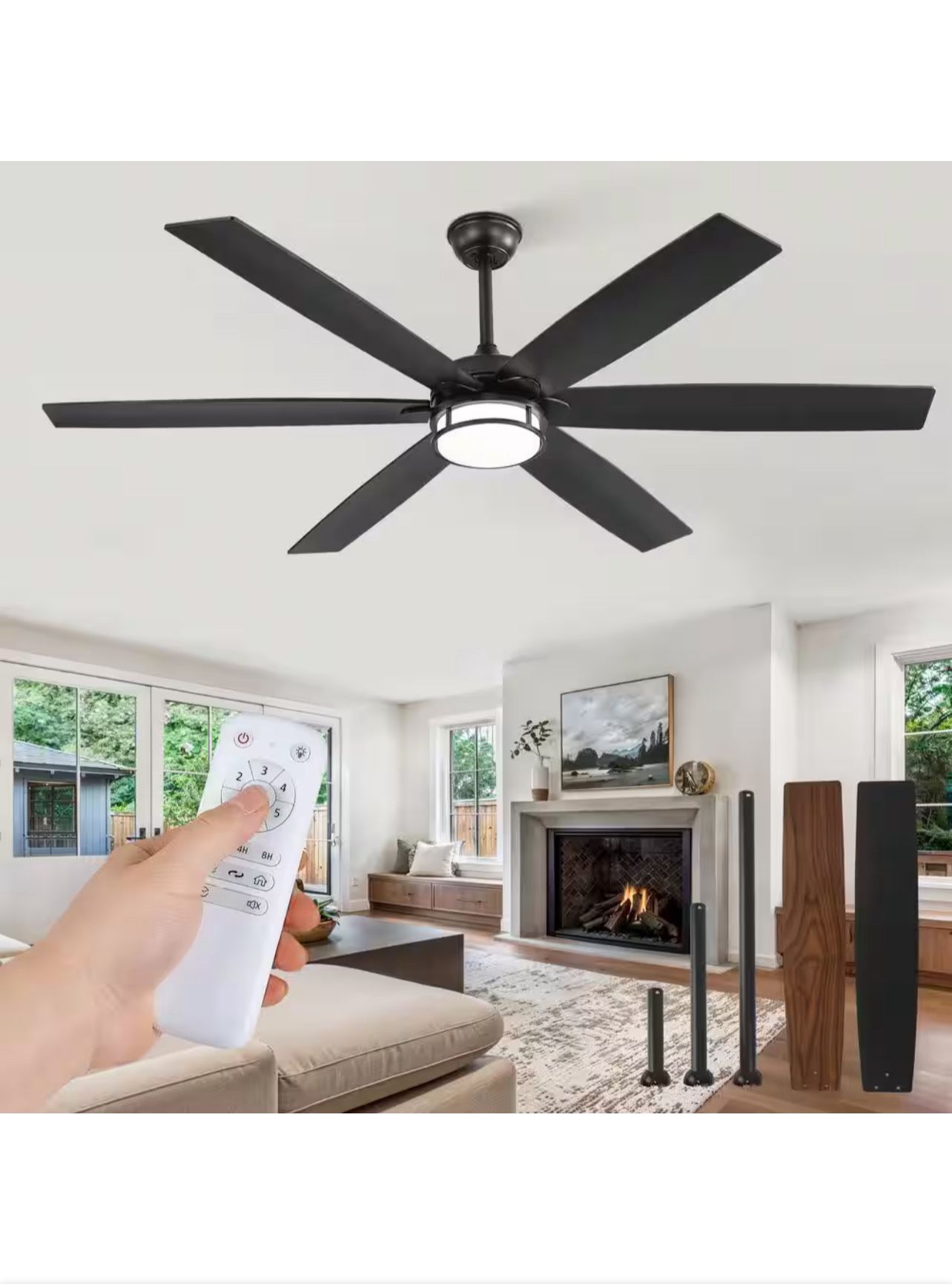 65 in. Indoor Black Downrod/Angled Mount 6-Speed Ceiling Fan with 3-Color Light Kit, Dual-Finish Blades, Remote Contro
