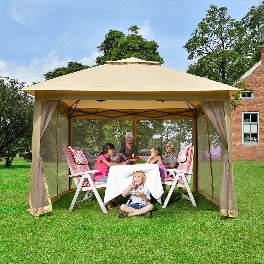 New 11x11 ft Portable Pop Up Gazebo Tent Canopy with Mosquito Net Curtain (TAN)
