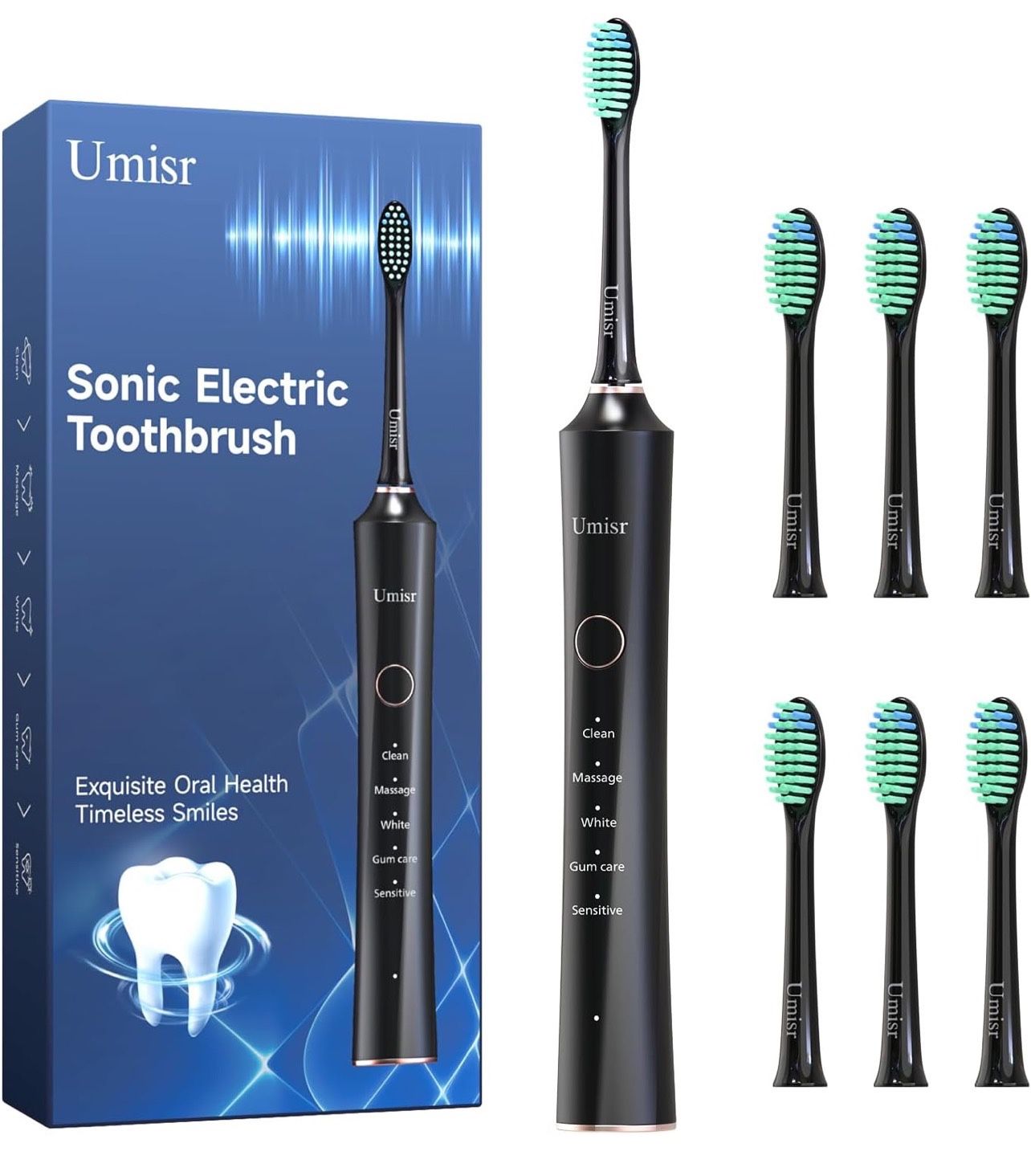 Electric Toothbrush,Rechargeable Sonic Electronic Toothbrush for Adults,with 6 Replacement Heads,5 Modes,2 Minutes Timer,IPX7 Waterproof,Black