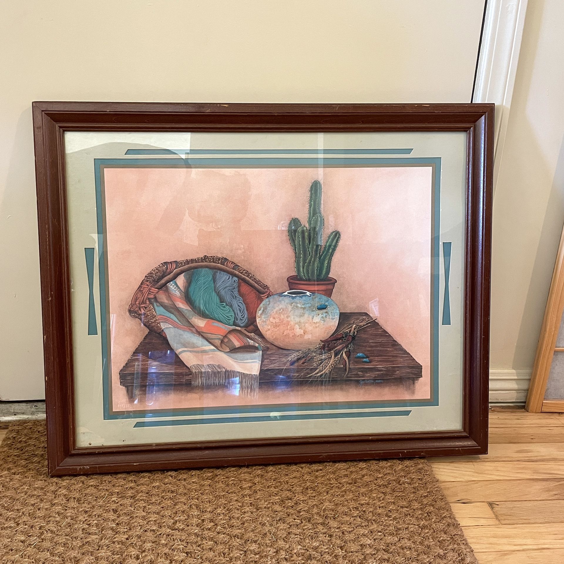 Vintage 80's Framed Southwestern Southwest Cactus Art Print By Gail Brown