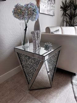 Glam Mirrored Geometric End Table with Crushed Diamond Inlay