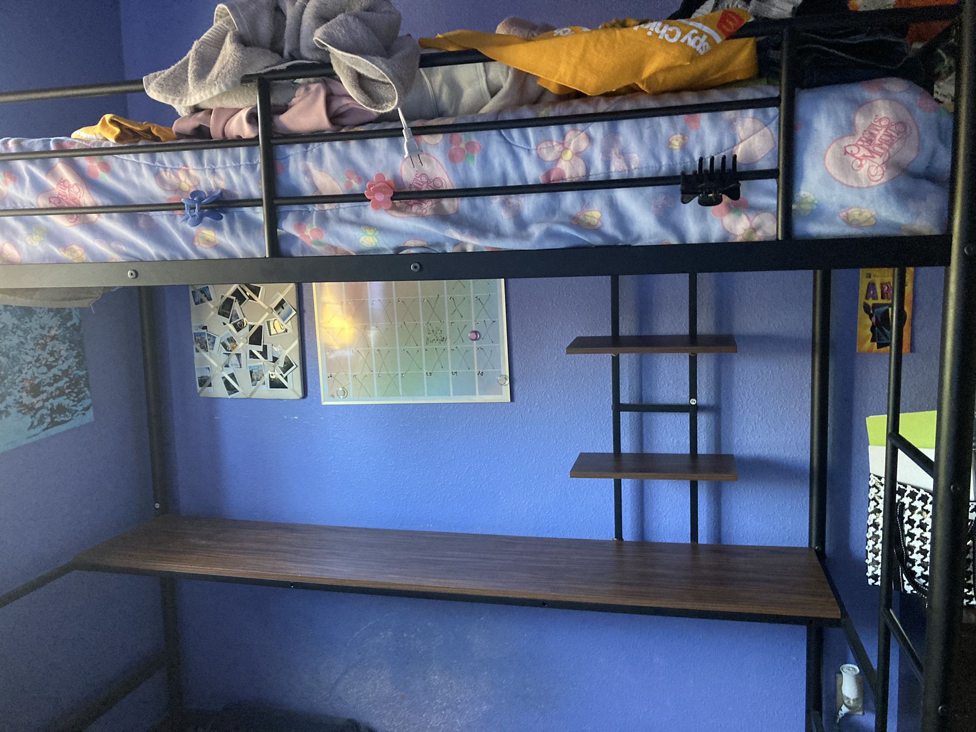 Twin Loft Bed, With Desk. Metal Frame Black. Not Shown But Comes With Pull Out Keyboard. 