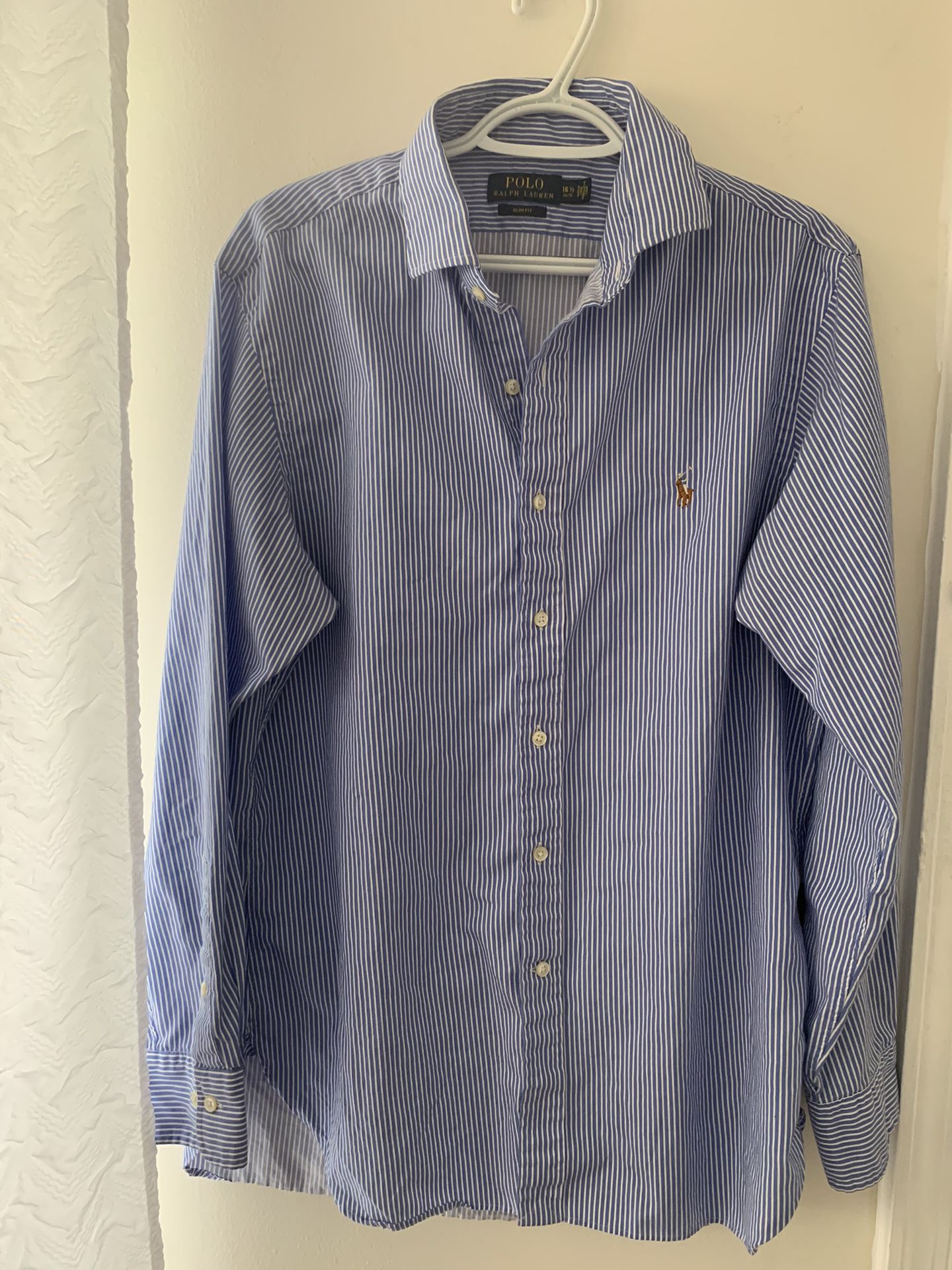Polo Ralph Lauren blue white stripe button down. Men Size 16.5   34/35 Slim Fit
