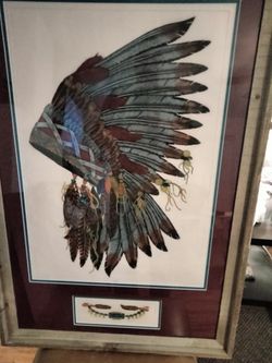 BEAUTIFUL DAN MITRA HAND COLORED ENGRAVING CHIEF HEADSET "EAGLES FEATHER"SIGNED NUMBERED AND TITLED RUSTIC FRAME WITH DUST COVER ACID FREE BACKING 