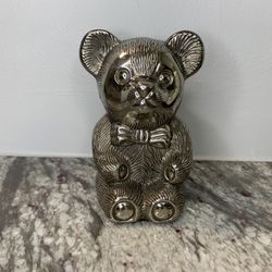 Vintage Silver Plated Teddy Bear With Bowtie Piggy Bank 