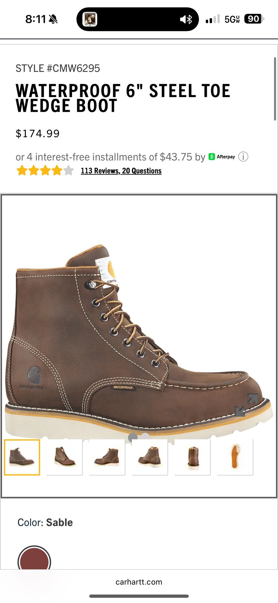 Carhartt Work Boots Steal Toe, Size 10M