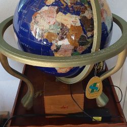 Semi-Precious Gemstone Inlaid 15"  World Globe with Compass in Copper Stand.