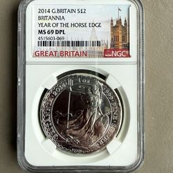 2014 1oz NGC MS69 DPL BRITANNIA YEAR OF THE HORSE EDGE SILVER COIN 