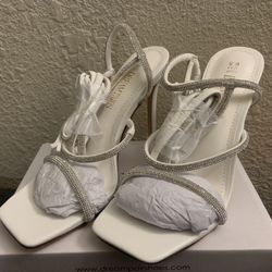 Heels, white heels, stilletto heels, strappy heels open toe with rhinestones