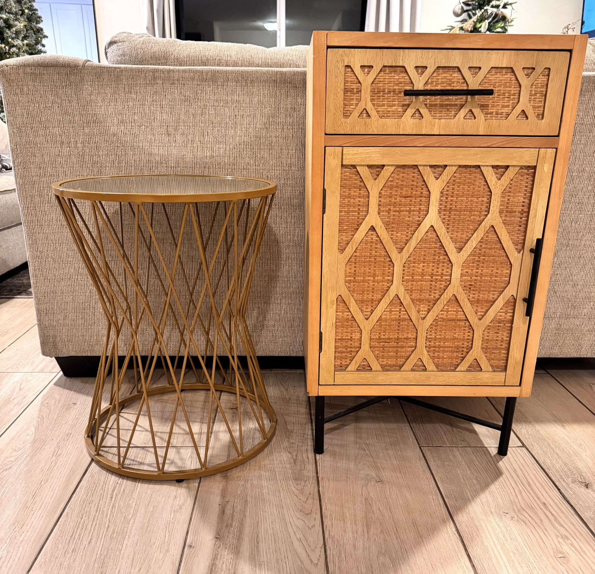 Rattan Boho accent Table & Gold Mirror Accent Table