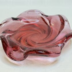 Vintage 8" Fenton Cranberry Swirl Ashtray Candy Trinket Dish Heavy Art Glass 