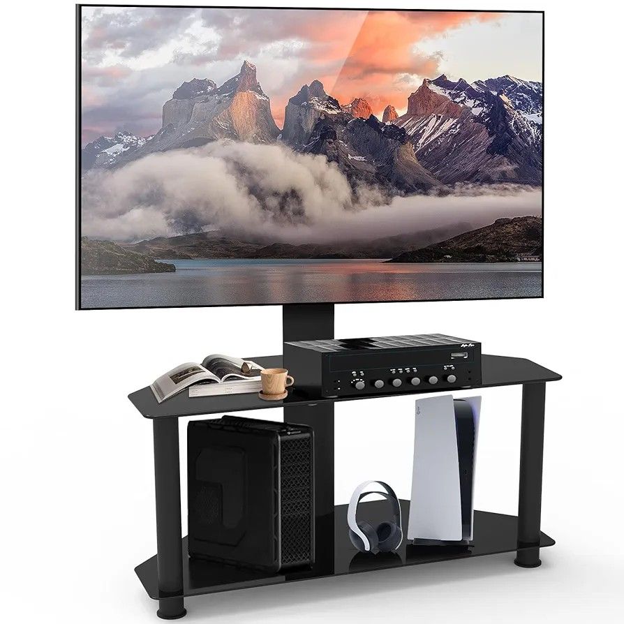 Swivel Universal Corner TV Floor Stand with 2 Tier Storage Tempered Glass Shelves and Height Adjustable Entertainment Stand for 32-55 inch Flat