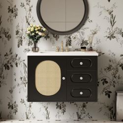 30 Inch Bathroom Vanity with Ceramic Sink, Mid-Century Bathroom Vanity Cabinet with 2 Drawers