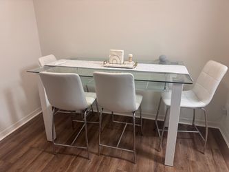 Glass Top Bar Table with 4 White Chairs