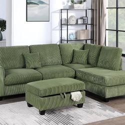 Green Sofa Sectional W/ Storage Ottoman 