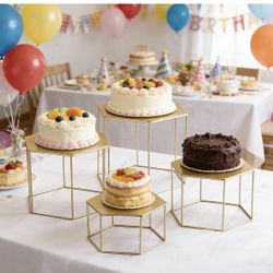 New -4 Piece Gold Dessert Table Display Set, Metal Buffet Risers Display Stands, No Assembly, Space-Saving Nesting Cake Cookie Stands for Party Weddin