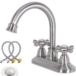 Brushed Nickel Bathroom Faucet with Drain Assembly and Supply Hose, 2-Handle 4 Inch Centerset Faucet for bathrooms,High Arc Swivel Spout Bathroom Sink