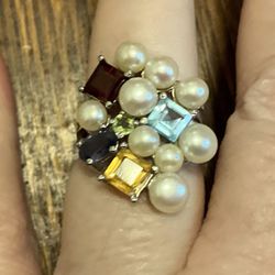 Sterling silver pearl multi gemstone Ross Simmons ring Size 5.5