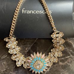 New Francesca's Gold Tone White Rhinestone Studded Necklace With White, Pink & Blue Centerpiece  
