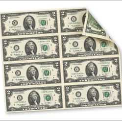 Sheet Of Eight Two Dollar Bills. 