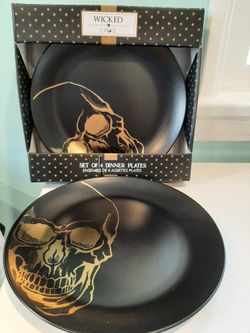 Halloween Gold Skull Matt Black Plate 10.2" Ciroa Set Of 4