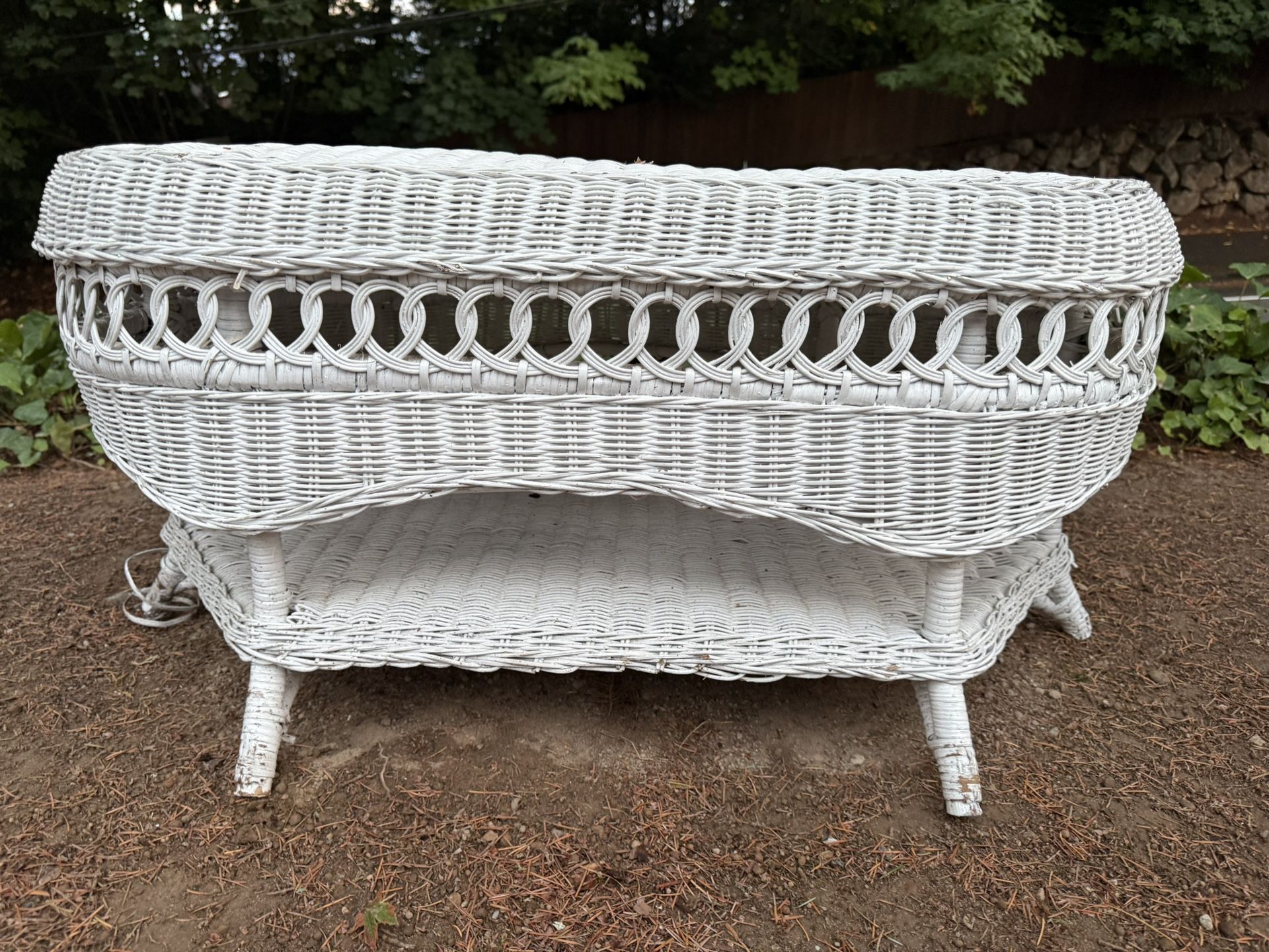 Vintage two tiered, wicker, MCM outdoor patio table, coffee table