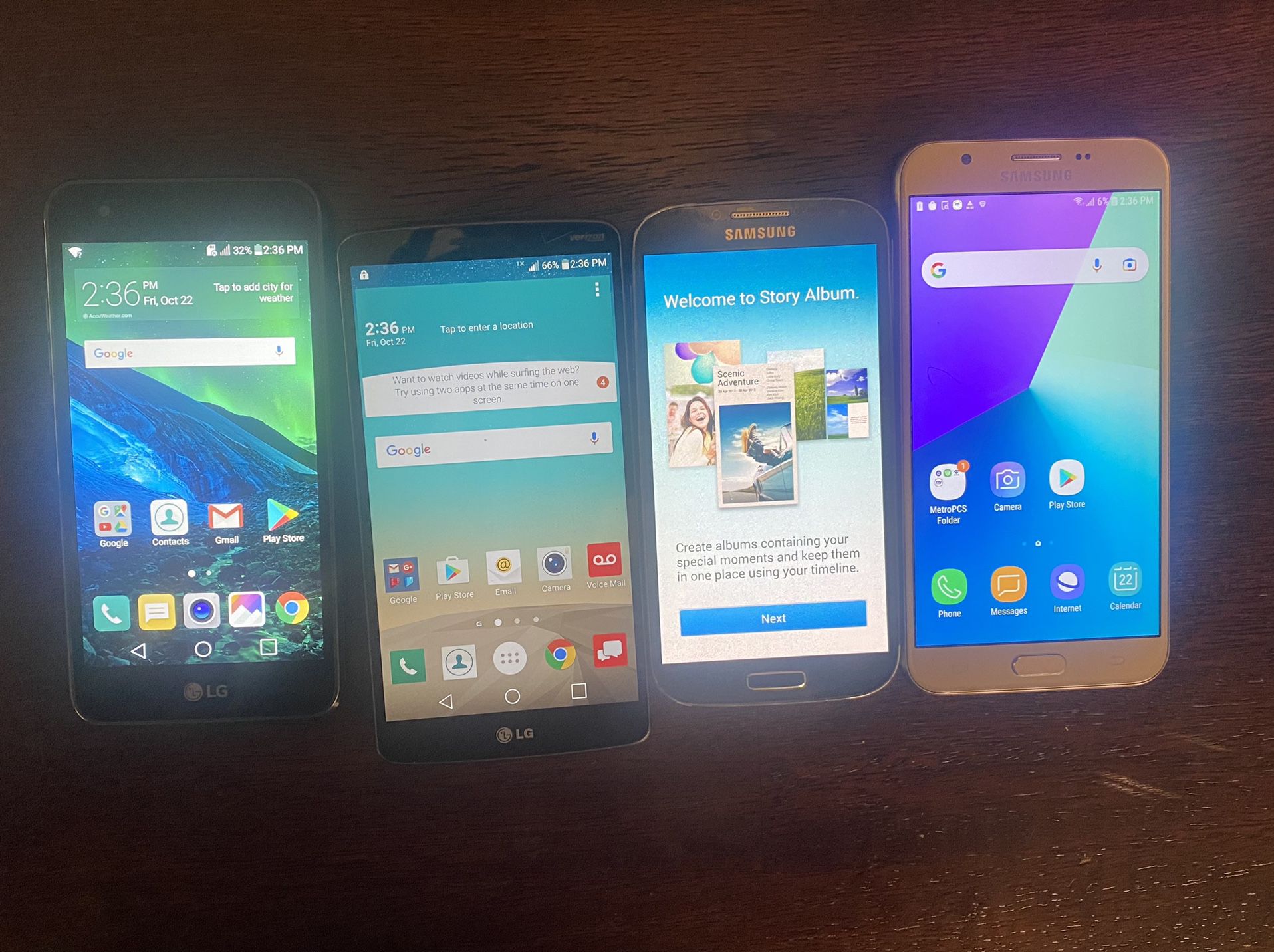 4 Phones For Sell ( Samsung Galaxy S4 T- Mobile, Samsung Galaxy J7 Prime Metro PCS, LG  VS985 Version& LG Fortune 16GB Cricket.