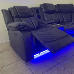 Dark Grey Leather Sectional Sofa With Power Reclining Seats & Bluetooth Speakers