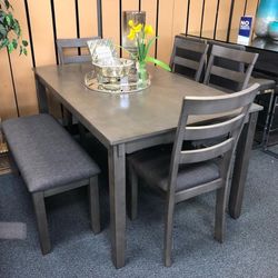 Bridson Gray Dining Table and Chairs with Bench (Set of 6) 