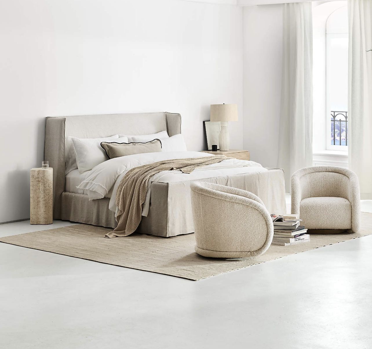 Oatmeal Ivory Slipcovered Queen Bed