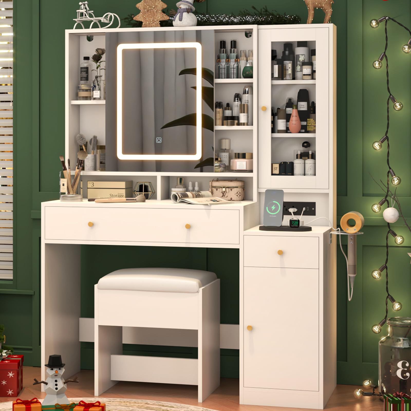 43 "White Makeup Vanity Desk w/Lights & Sliding Mirror,Adjustable LED Lighting, Vanity Table Set w/Stool,Power Outlet,Storage Drawers Shelves Cabinet,