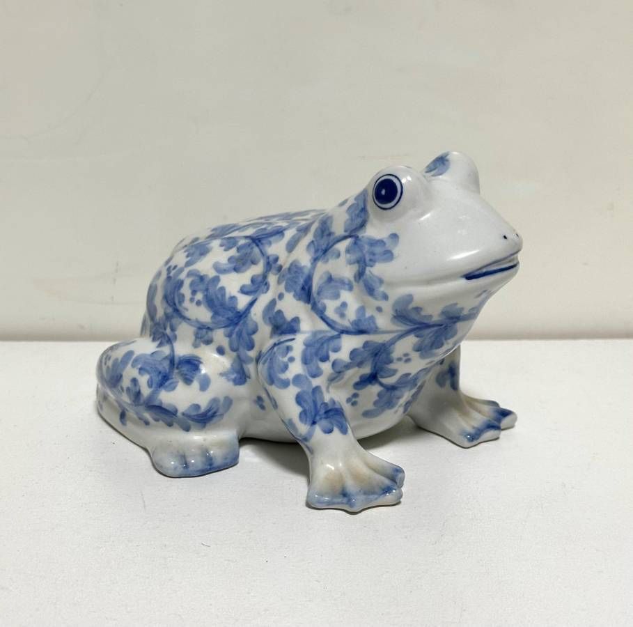 Vintage Andrea By Sadek Frog Coin Bank Blue White Glossy Porcelain