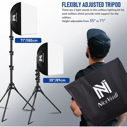 Softbox Lighting Kit, NiceVeedi 2-Pack 16'' x 16'' Softbox Photography Lighting Kit with 63” Tripod Stand & 5400K 450W Equivalent LED Bulb, Continuous