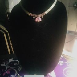 Beautiful Gold And Pink Rhinestone Necklace Bracelet Set