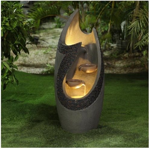LuxenHome Gray Cement Modern Tiered Lighted Outdoor Fountain