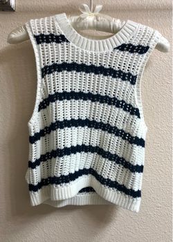 Hollister White Crochet Tank with Navy Stripes