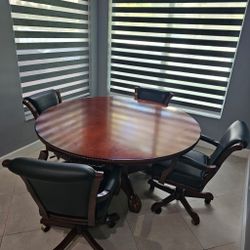 Convertible Dining Table to Poker Table – Solid Wood with 4 Swivel Chairs