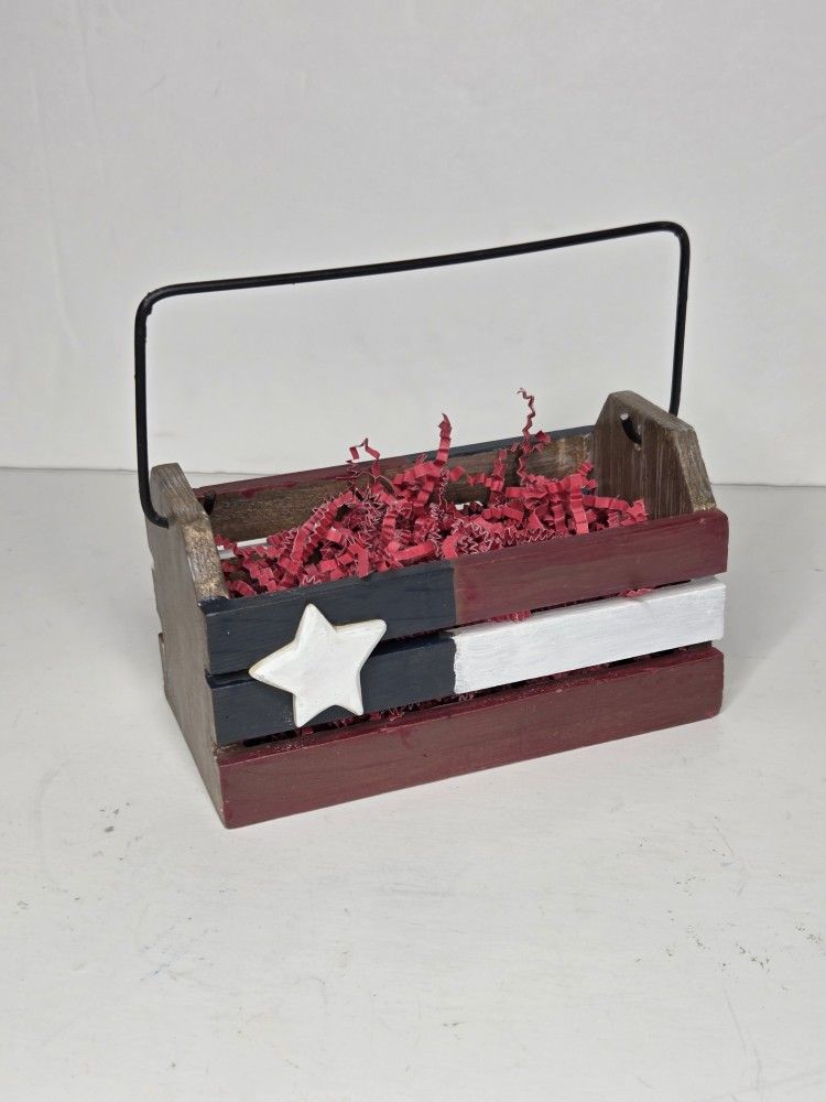 Patriotic American Flag Small Wooden Crate with Handle - Rustic Primitive Decor Box
